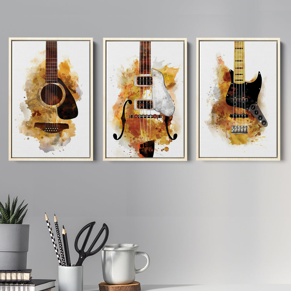 Three Guitarists Watercolor  Set of 3 Piece Framed Canvas Prints Wall Art Decor