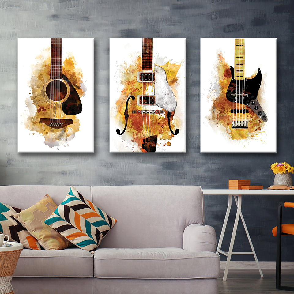 Three Guitarists Watercolor Canvas Set of 3 Piece Canvas Prints Wall Art Decor