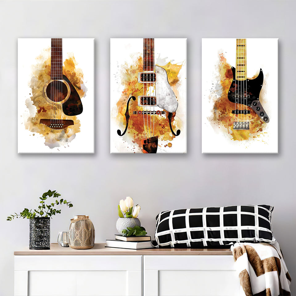 Three Guitarists Watercolor Canvas Set of 3 Piece Canvas Prints Wall Art Decor