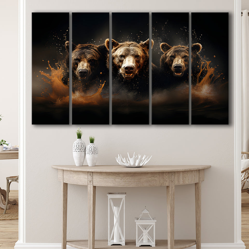 Three Brown Bear 5 Panels B Canvas Prints Wall Art Home Decor, Extra Large Canvas