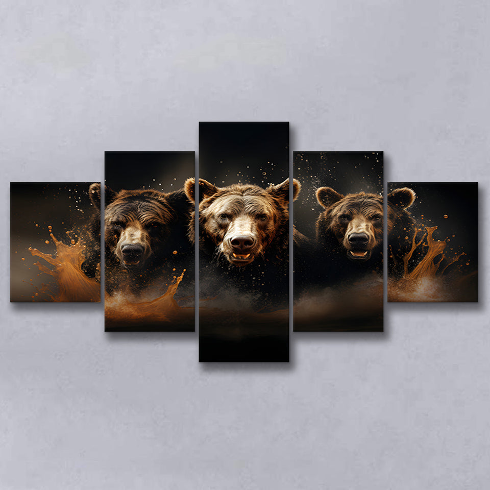 Three Brown Bear 5 Panels Canvas Prints Wall Art Home Decor, Large Mixed Canvas