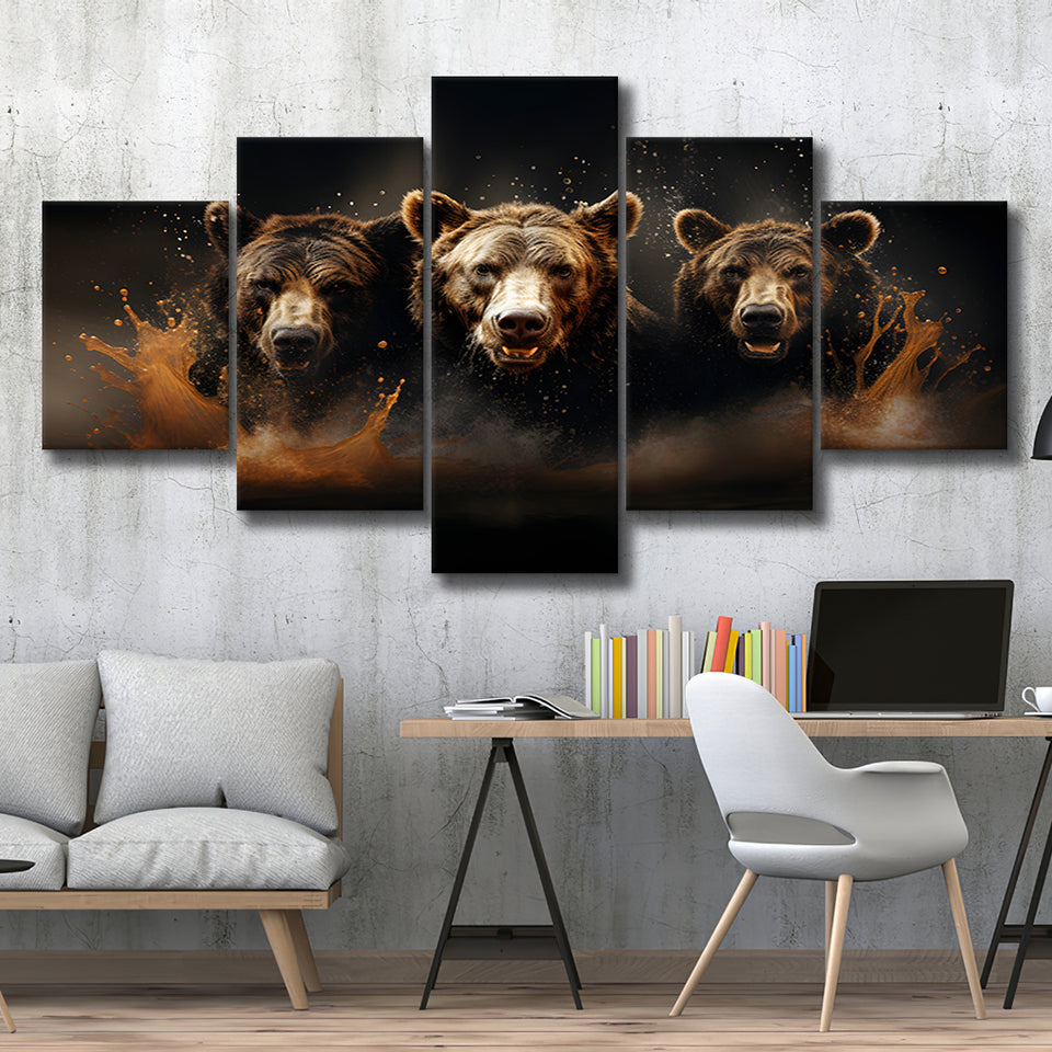Three Brown Bear 5 Panels Canvas Prints Wall Art Home Decor, Large Mixed Canvas