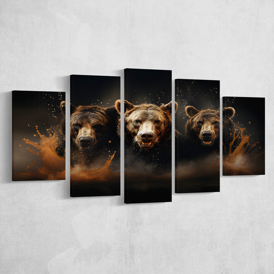 Three Brown Bear 5 Panels Canvas Prints Wall Art Home Decor, Large Mixed Canvas