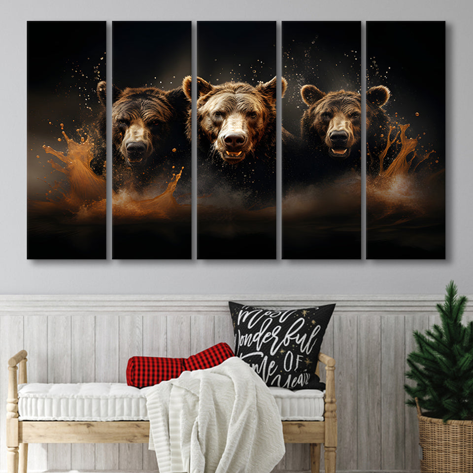 Three Brown Bear 5 Panels B Canvas Prints Wall Art Home Decor, Extra Large Canvas