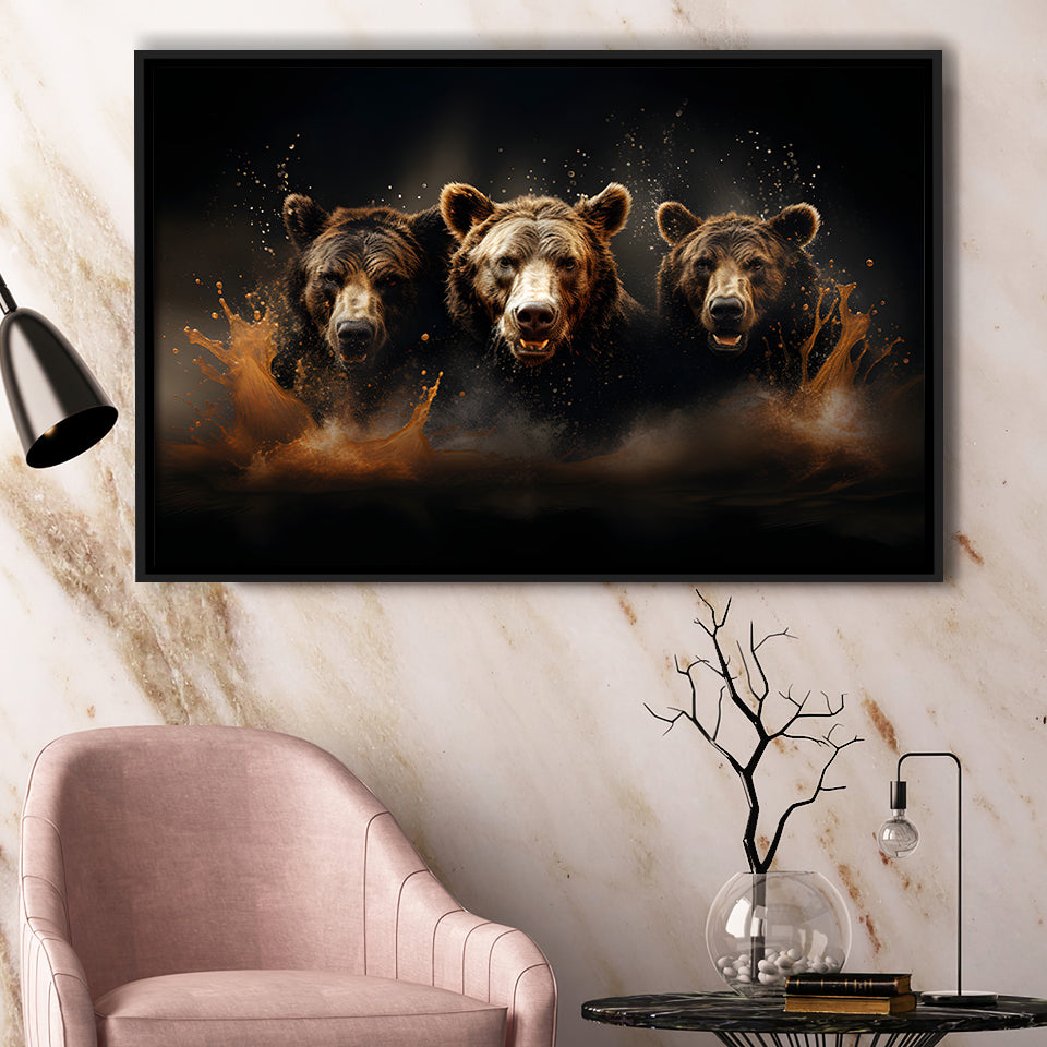 Three Brown Bear Framed Canvas Prints Wall Art Home Decor, Painting Canvas, Floating Frame