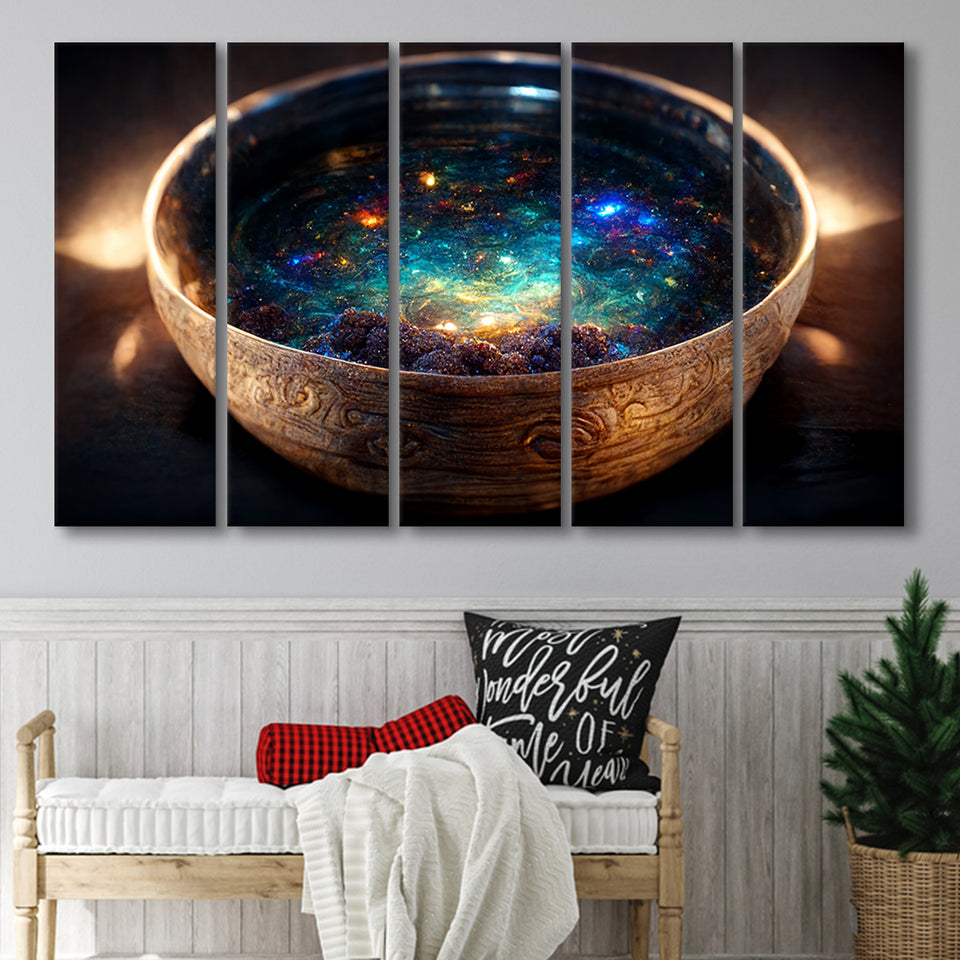 Tibetan Bowl Filled With Cosmic Soup, 5 Piece Canvas Prints Wall Art Decor, Multi Panels
