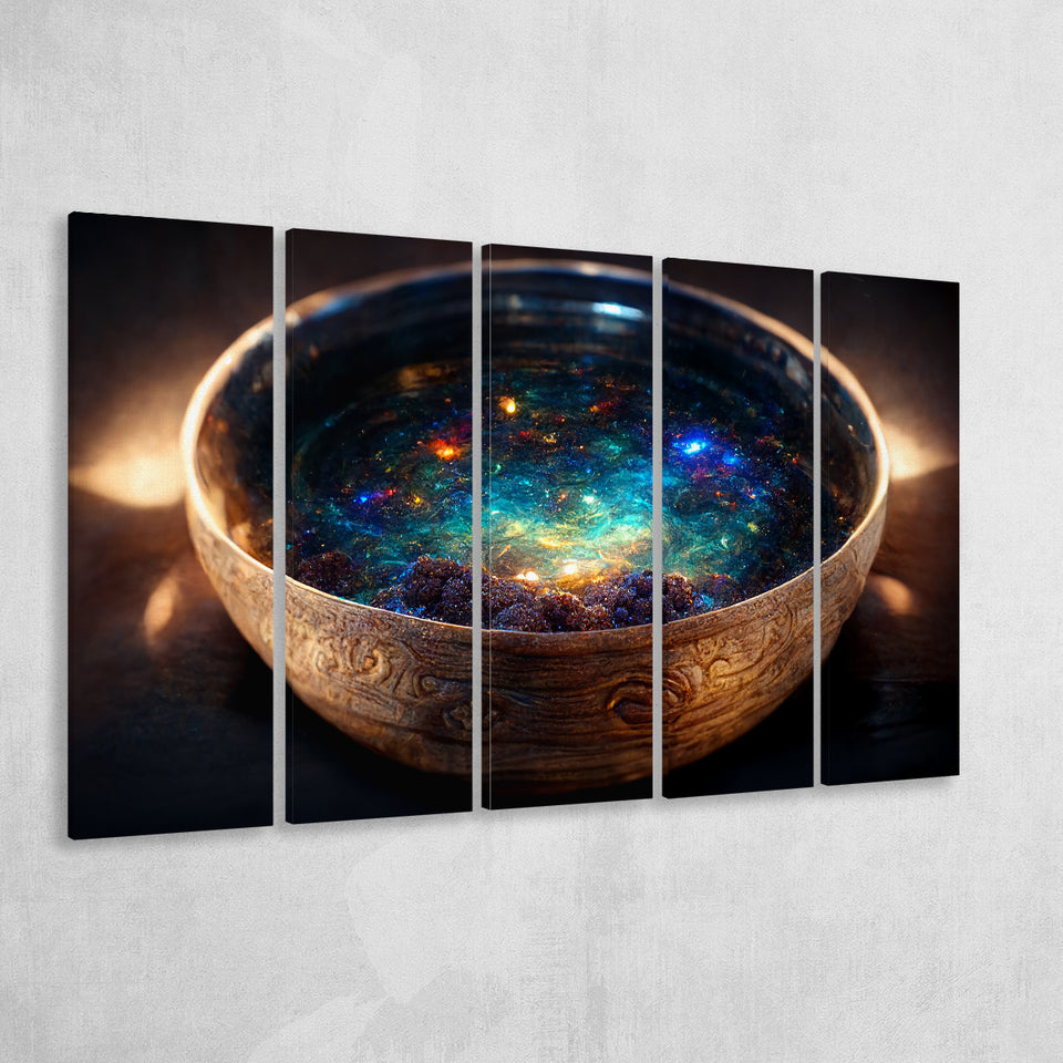 Tibetan Bowl Filled With Cosmic Soup, 5 Piece Canvas Prints Wall Art Decor, Multi Panels