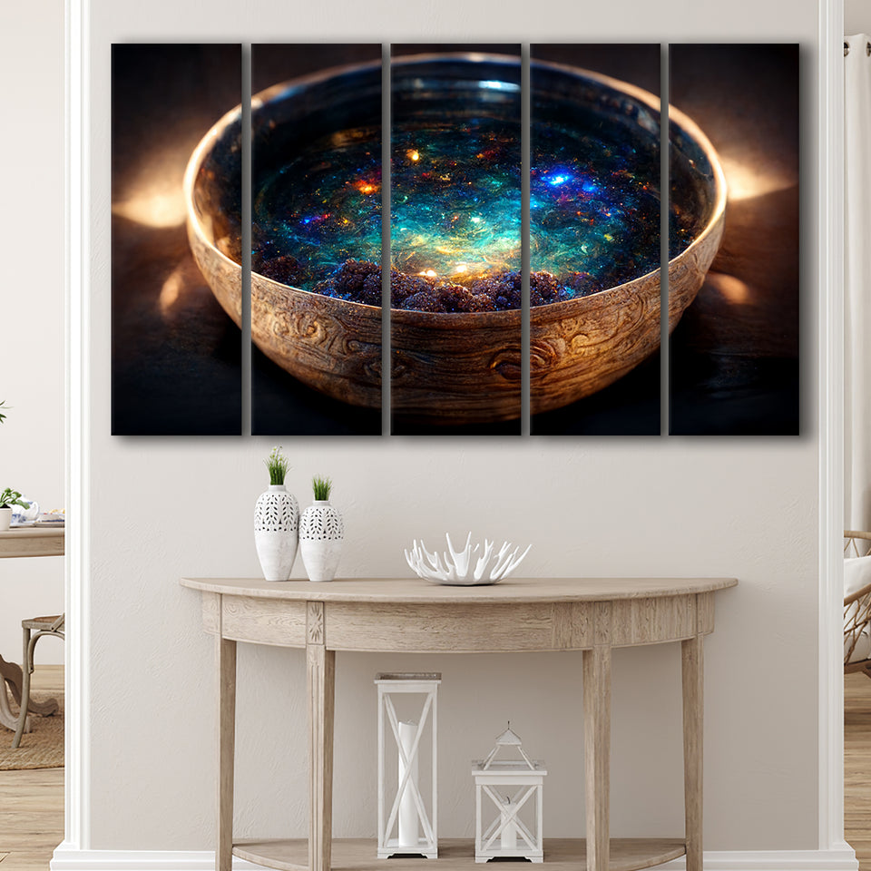 Tibetan Bowl Filled With Cosmic Soup, 5 Piece Canvas Prints Wall Art Decor, Multi Panels