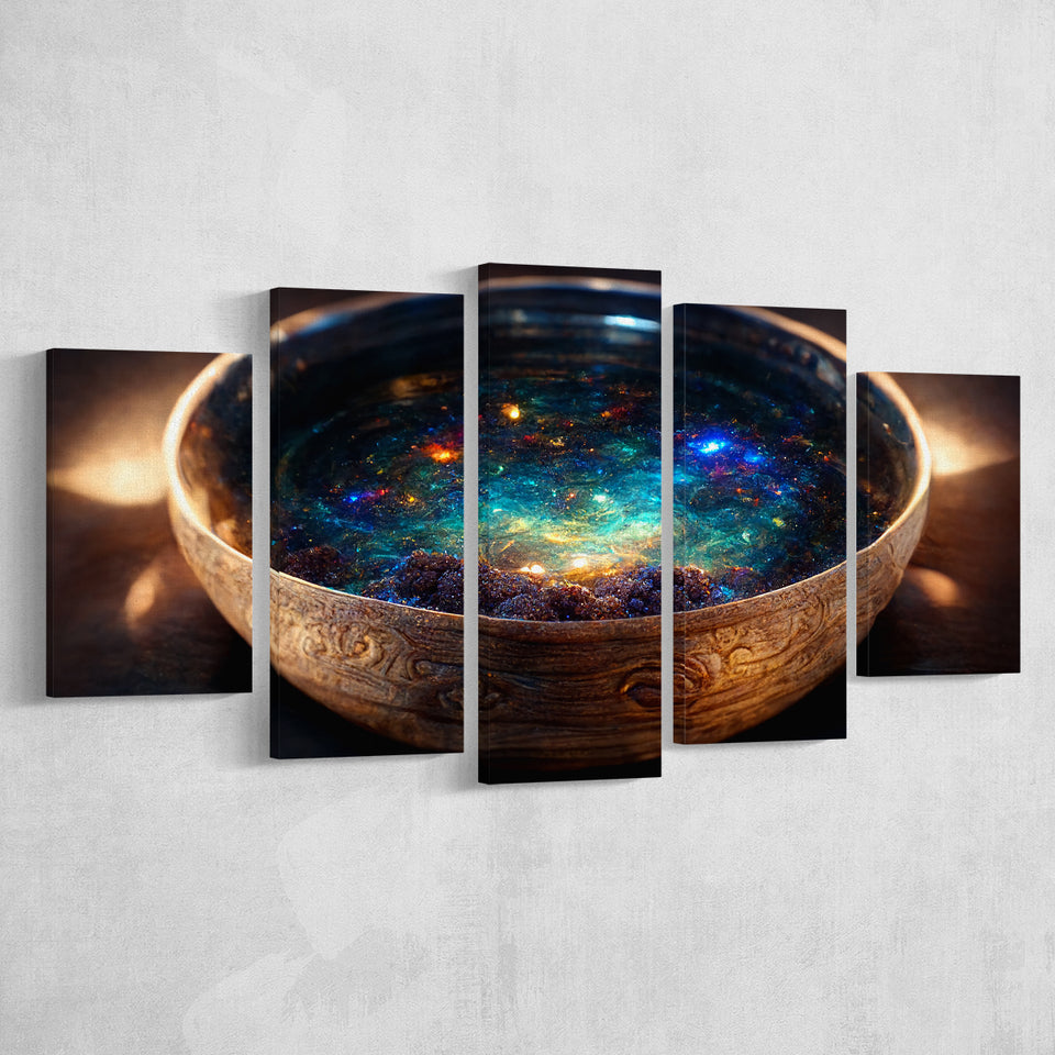 Tibetan Bowl Filled With Cosmic Soup, 5 Piece Canvas Prints Wall Art Decor, Multi Panels,Mixed Canvas