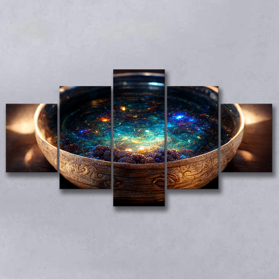Tibetan Bowl Filled With Cosmic Soup, 5 Piece Canvas Prints Wall Art Decor, Multi Panels,Mixed Canvas