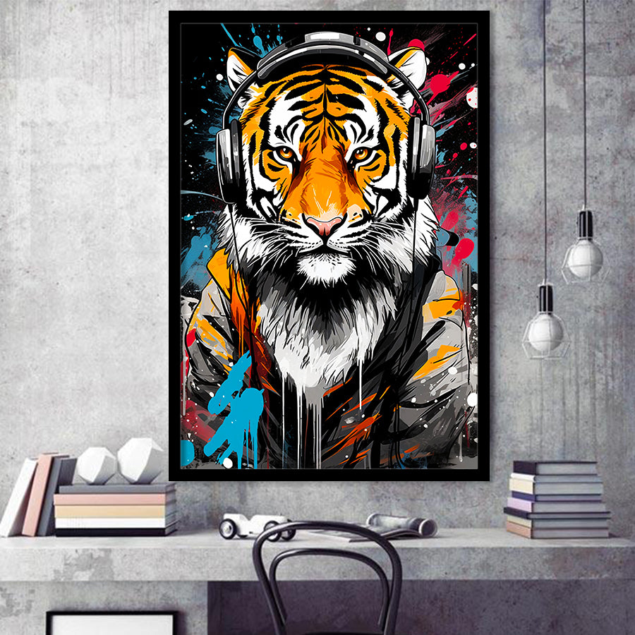 Tiger Wearing Headphone, Gaming Art, Gift For Kids, Painting Art, Framed Art Prints Wall Decor