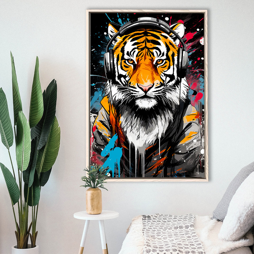 Tiger Wearing Headphone, Gaming Art, Gift For Kids,Framed Canvas Prints,Floating Frame, Wall Art Home Decor