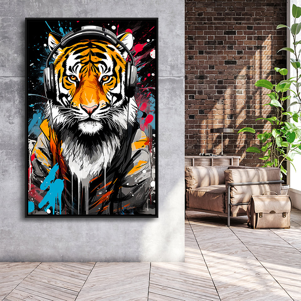 Tiger Wearing Headphone, Gaming Art, Gift For Kids,Framed Canvas Prints,Floating Frame, Wall Art Home Decor