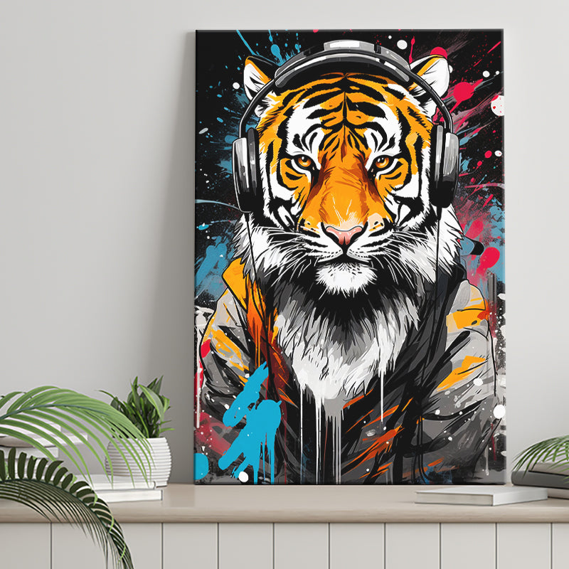 Tiger Wearing Headphone, Gaming Art, Gift For Kids, Painting Art, Canvas Prints Wall Art Home Decor