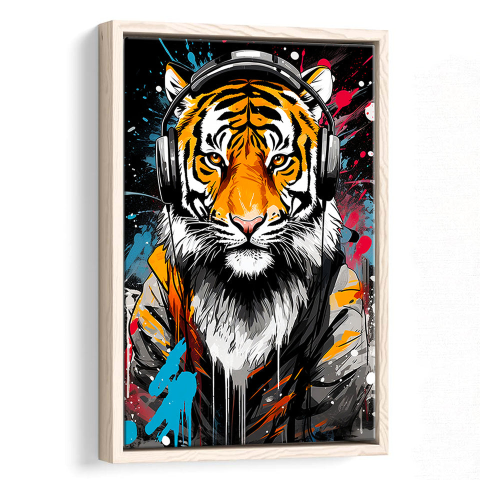 Tiger Wearing Headphone, Gaming Art, Gift For Kids,Framed Canvas Prints,Floating Frame, Wall Art Home Decor