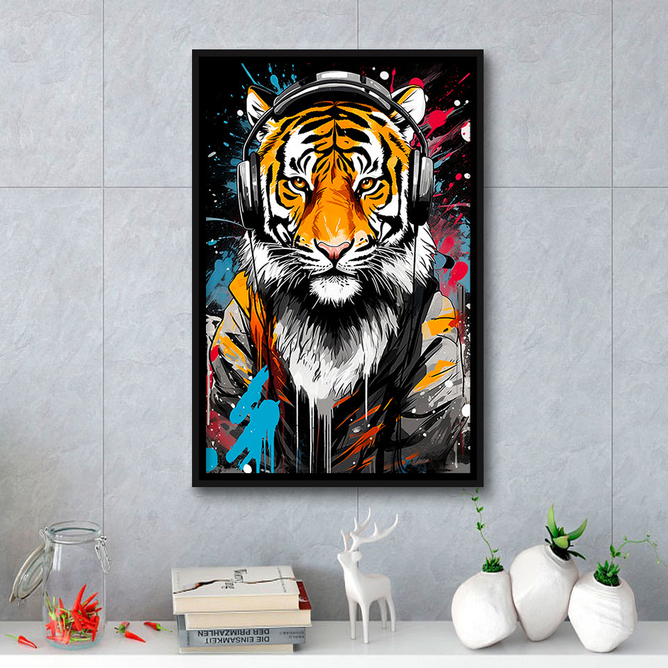 Tiger Wearing Headphone, Gaming Art, Gift For Kids,Framed Canvas Prints,Floating Frame, Wall Art Home Decor