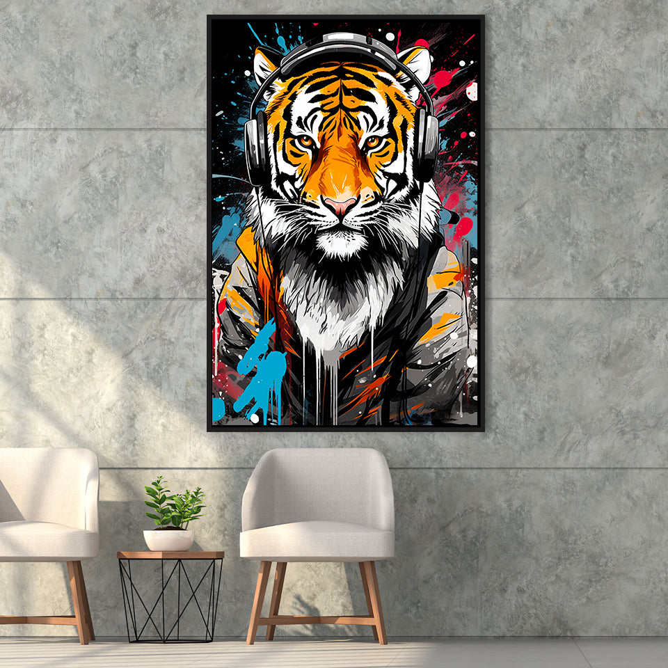 Tiger Wearing Headphone, Gaming Art, Gift For Kids,Framed Canvas Prints,Floating Frame, Wall Art Home Decor