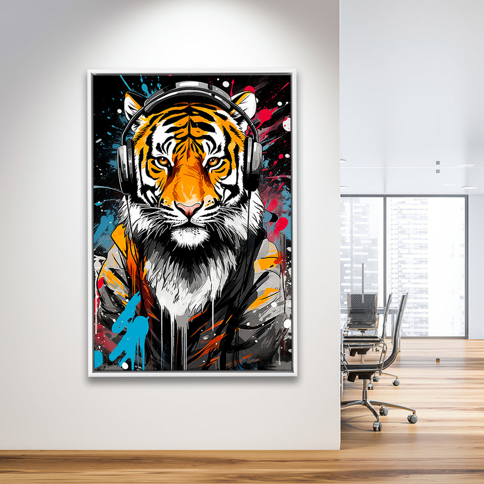 Tiger Wearing Headphone, Gaming Art, Gift For Kids,Framed Canvas Prints,Floating Frame, Wall Art Home Decor