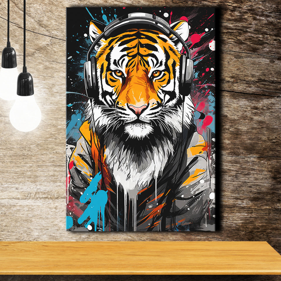 Tiger Wearing Headphone, Gaming Art, Gift For Kids, Painting Art, Canvas Prints Wall Art Home Decor