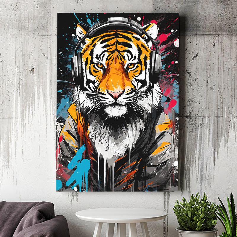 Tiger Wearing Headphone, Gaming Art, Gift For Kids, Painting Art, Canvas Prints Wall Art Home Decor