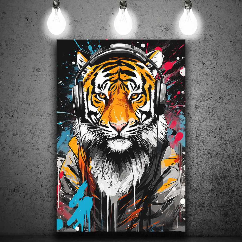 Tiger Wearing Headphone, Gaming Art, Gift For Kids, Painting Art, Canvas Prints Wall Art Home Decor