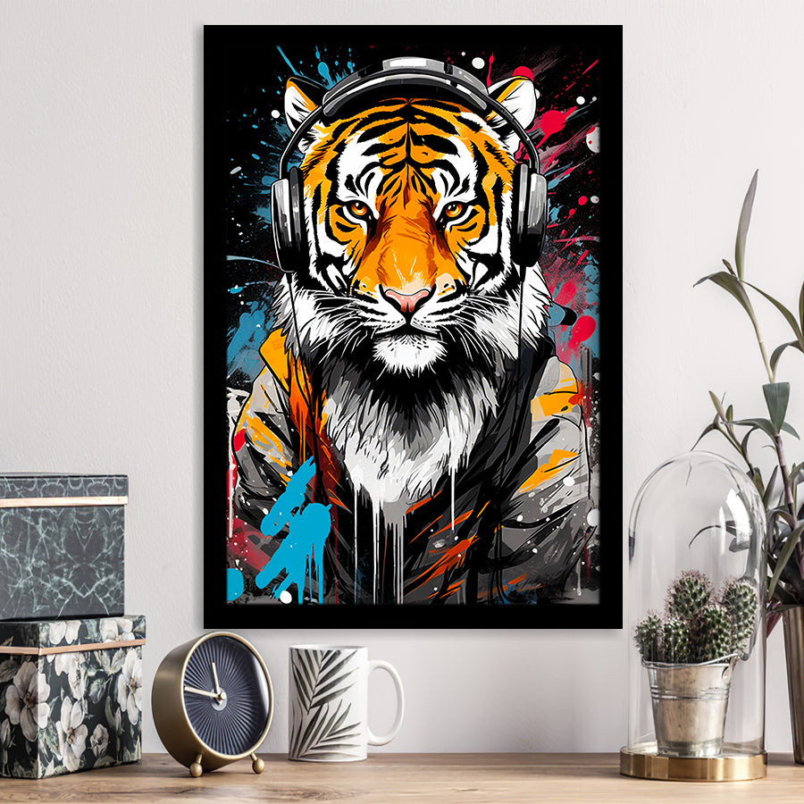 Tiger Wearing Headphone, Gaming Art, Gift For Kids, Painting Art, Framed Art Prints Wall Decor