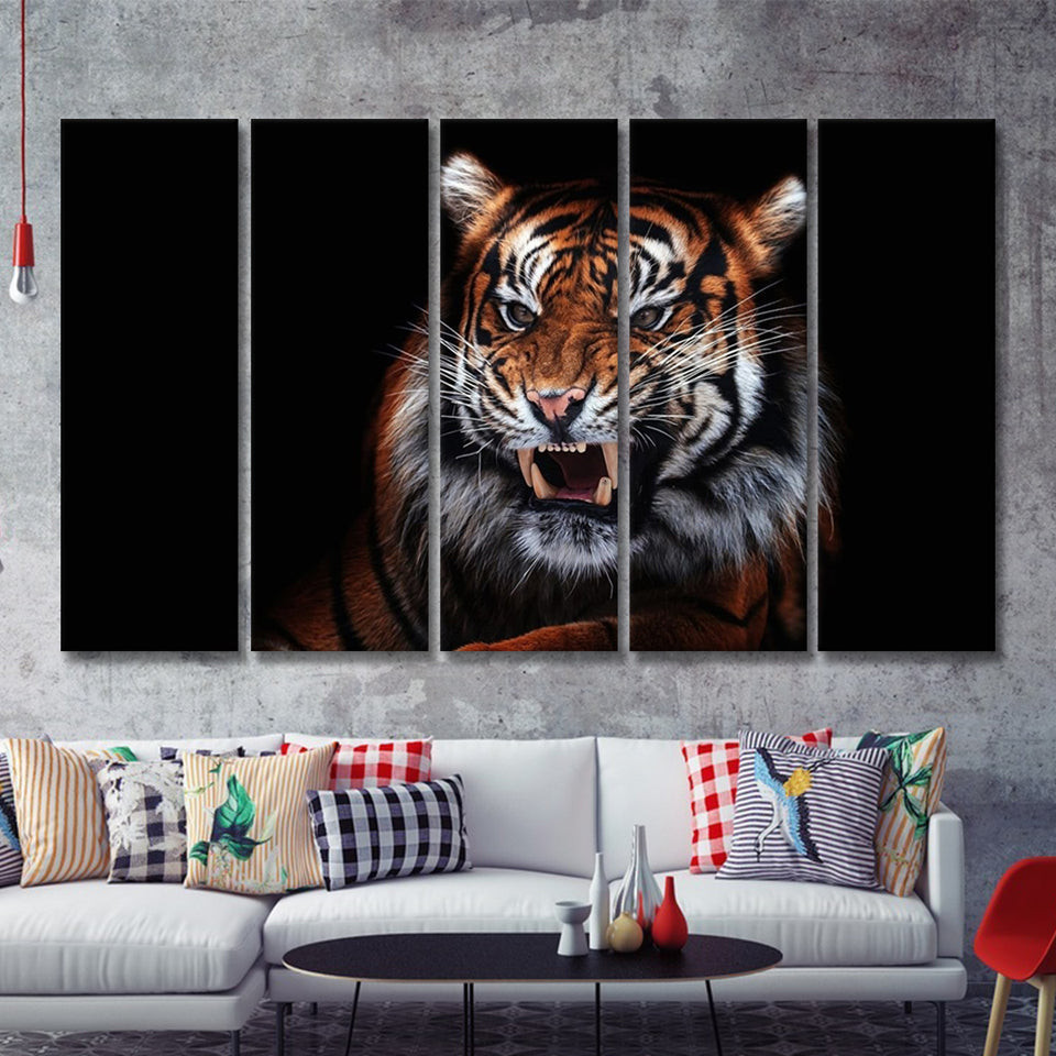 Tiger Wild Cat Evil 5 Pieces B Canvas Prints Wall Art - Painting Canvas, Multi Panels,5 Panel, Wall Decor