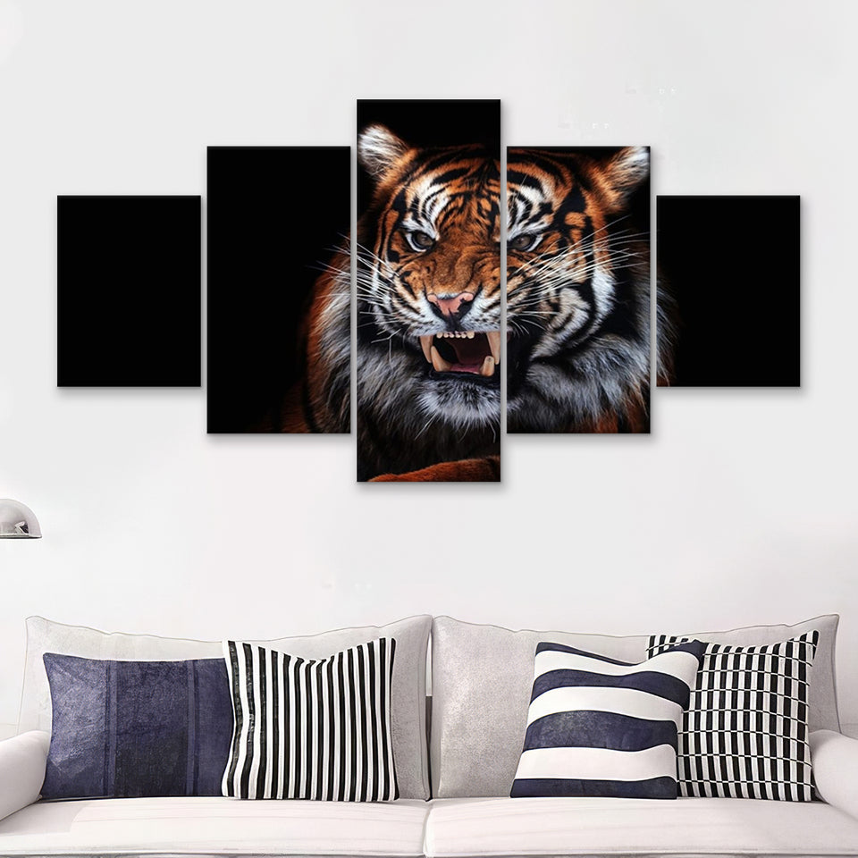 Tiger Wild Cat Evil  5 Pieces Canvas Prints Wall Art - Painting Canvas, Multi Panels, 5 Panel, Wall Decor