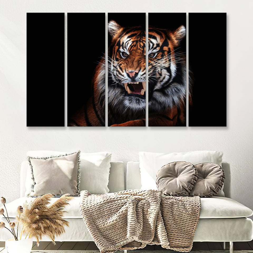 Tiger Wild Cat Evil 5 Pieces B Canvas Prints Wall Art - Painting Canvas, Multi Panels,5 Panel, Wall Decor