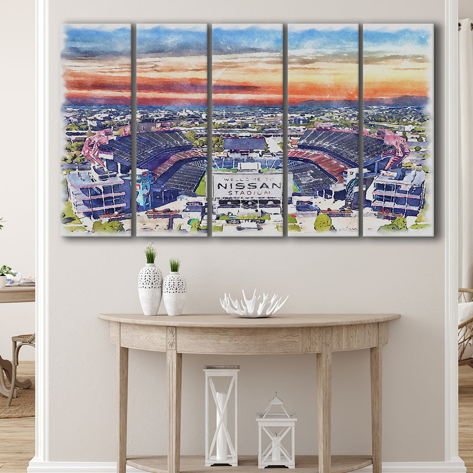 Titans Football Stadium Nissan Stadium Watercolor, 5 Pieces B, Multi Panel Canvas Prints Wall Art Decor