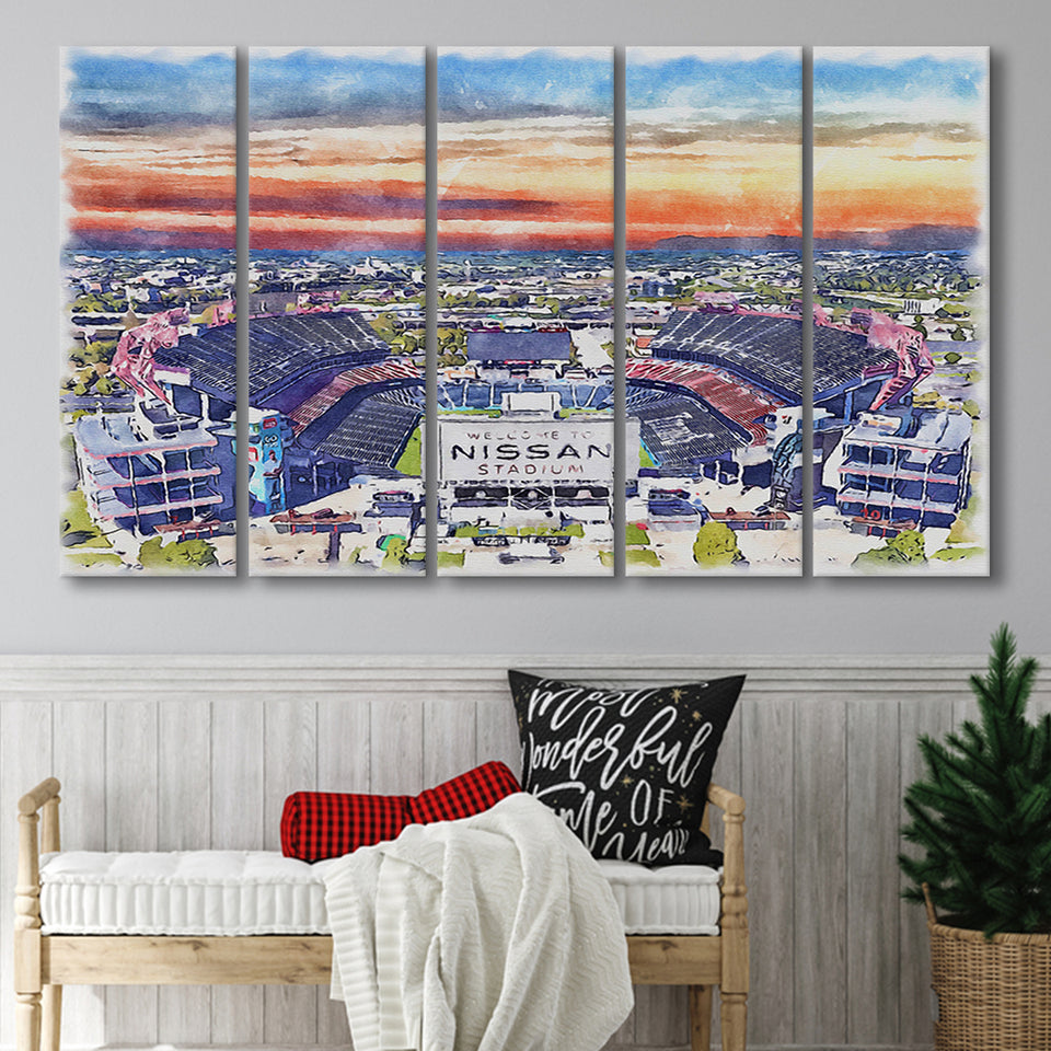 Titans Football Stadium Nissan Stadium Watercolor, 5 Pieces B, Multi Panel Canvas Prints Wall Art Decor