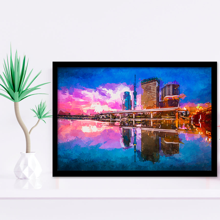 Tokyo Japan Skyline On Sumida River City Art Watercolor Framed Art Prints Wall Art Decor,Framed Picture