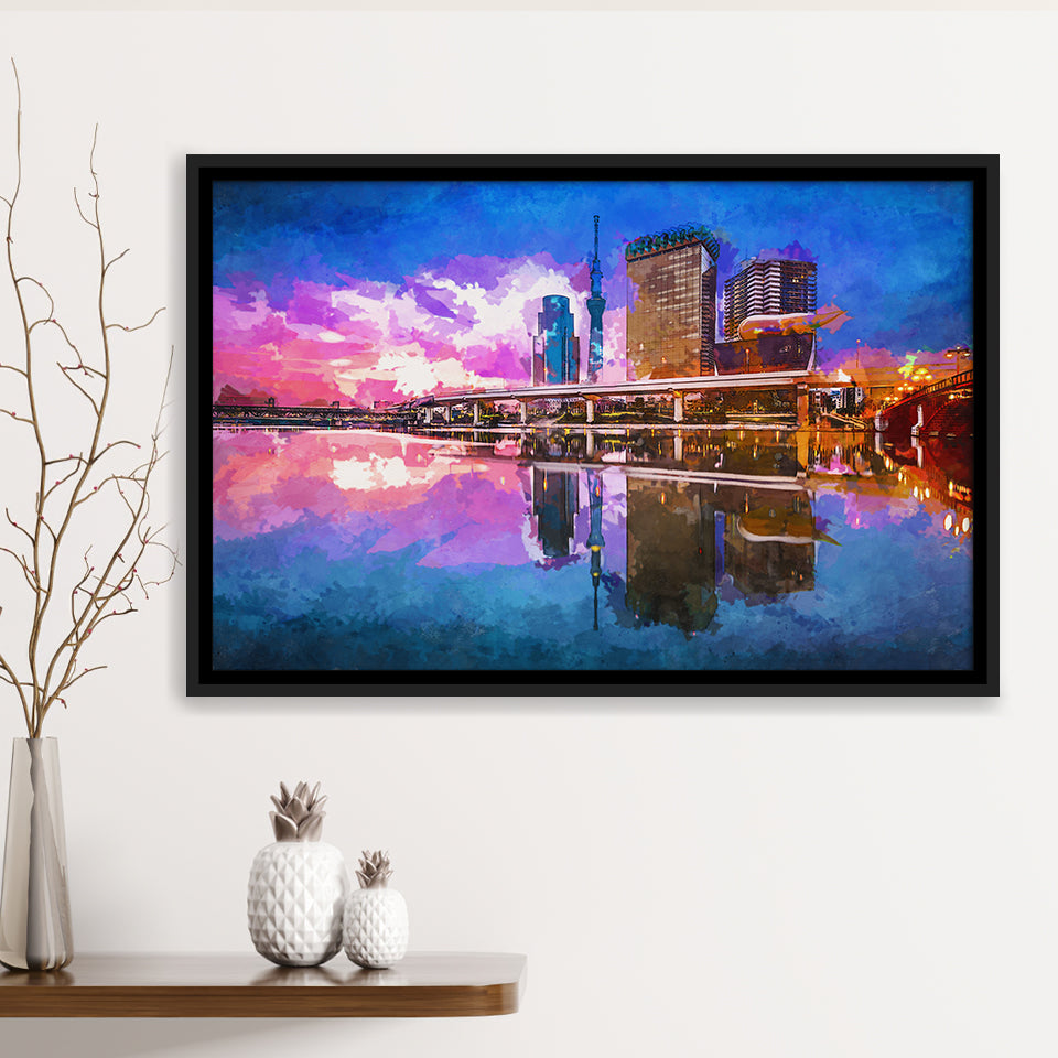 Tokyo Japan Skyline On Sumida River City Art Watercolor Framed Canvas Prints Wall Art Home Decor,Floating Frame