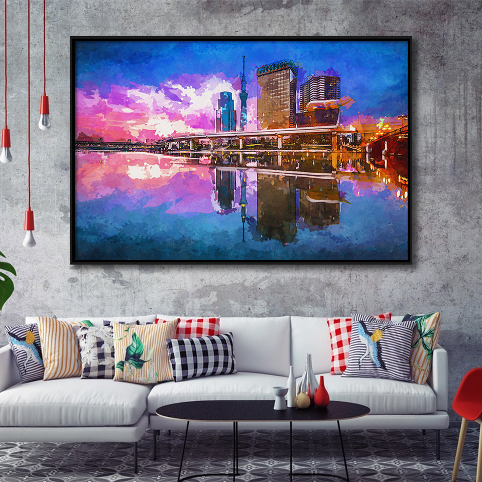 Tokyo Japan Skyline On Sumida River City Art Watercolor Framed Canvas Prints Wall Art Home Decor,Floating Frame