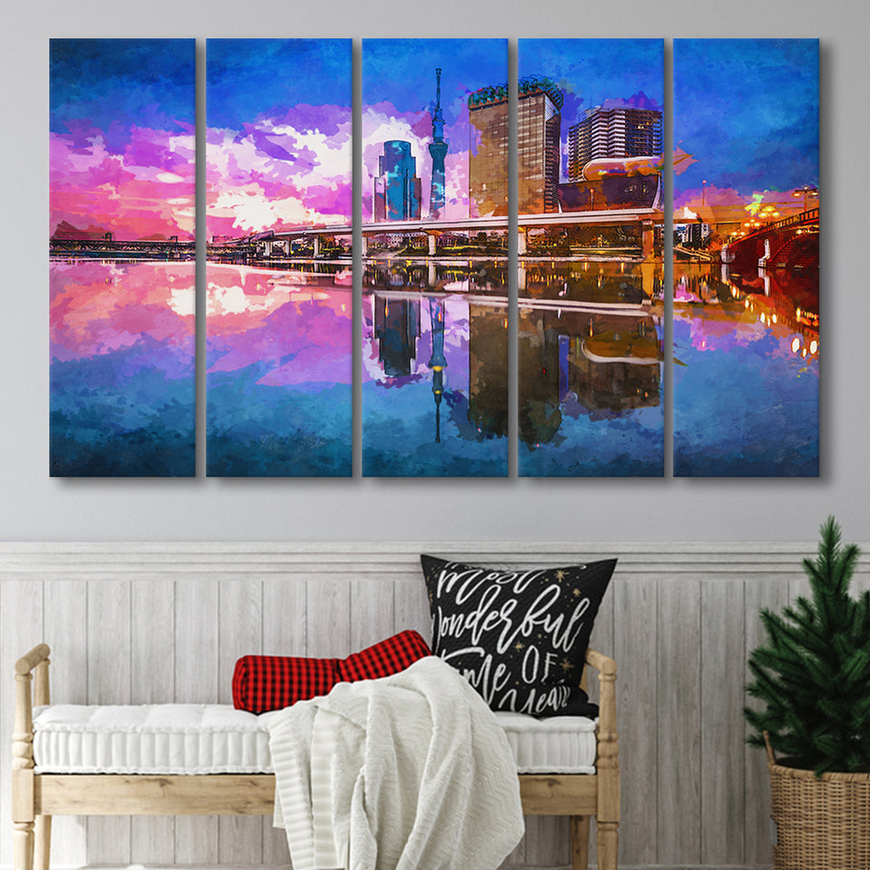 Tokyo Japan Skyline On Sumida River 5 Pieces Extra Large Canvas Prints Wall Art Home Decor