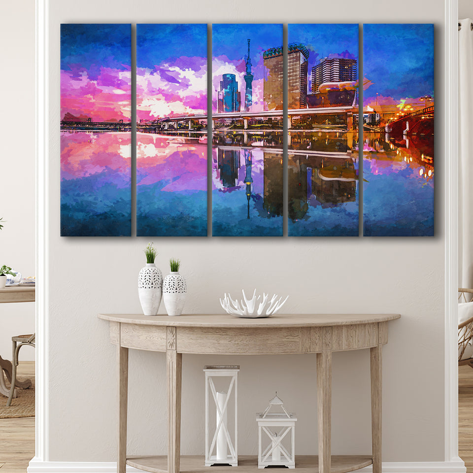 Tokyo Japan Skyline On Sumida River 5 Pieces Extra Large Canvas Prints Wall Art Home Decor