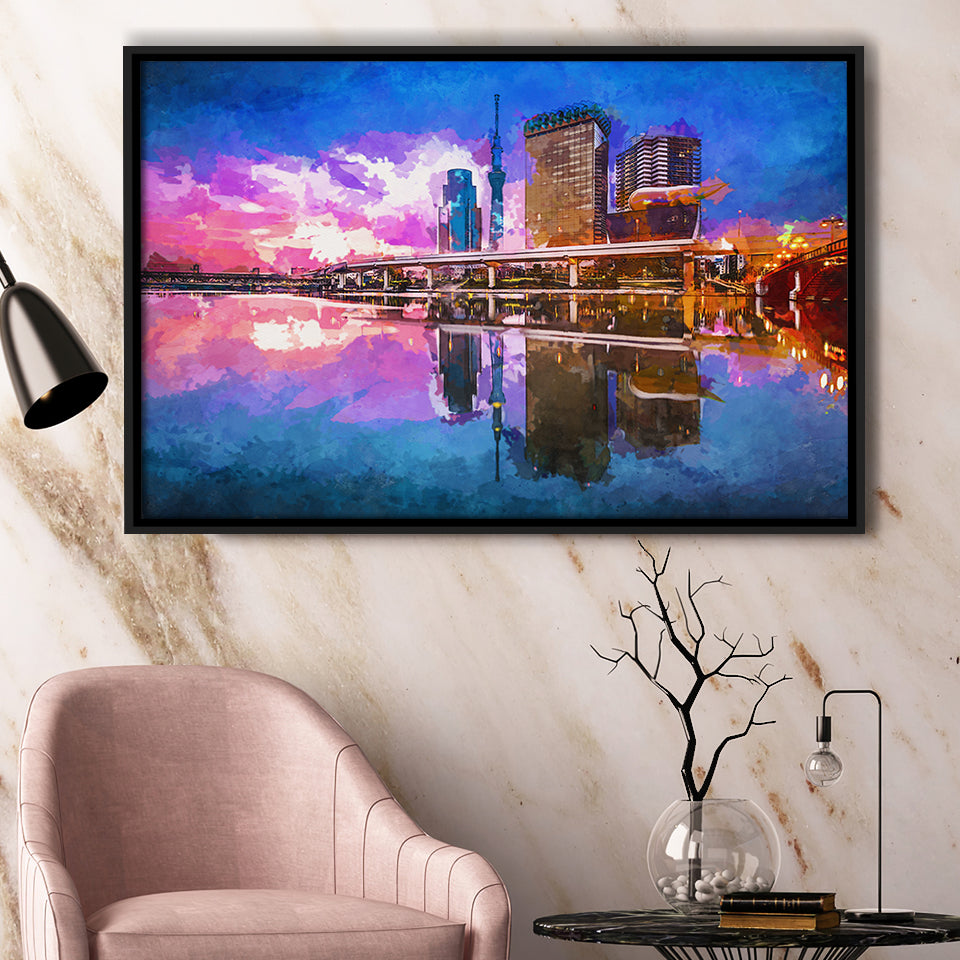 Tokyo Japan Skyline On Sumida River City Art Watercolor Framed Canvas Prints Wall Art Home Decor,Floating Frame