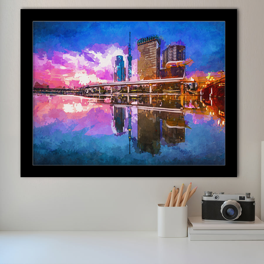 Tokyo Japan Skyline On Sumida River City Art Watercolor Framed Art Prints Wall Art Decor,Framed Picture