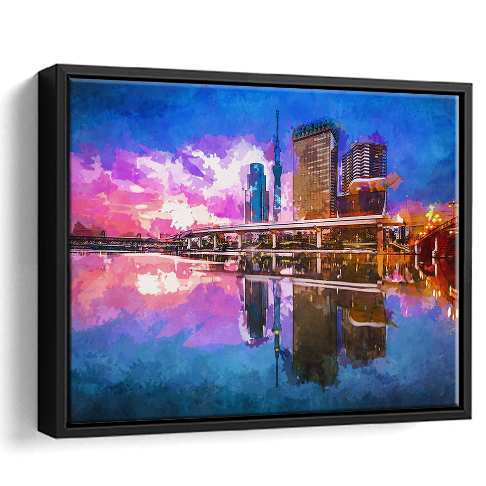 Tokyo Japan Skyline On Sumida River City Art Watercolor Framed Canvas Prints Wall Art Home Decor,Floating Frame