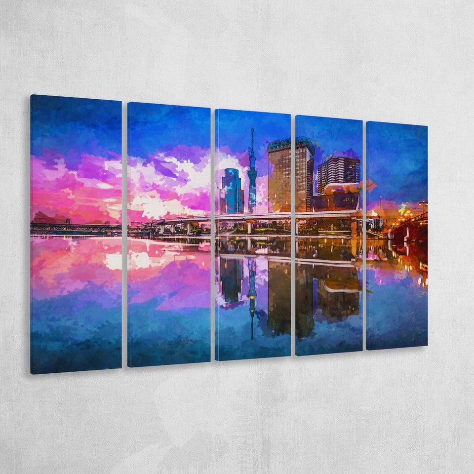 Tokyo Japan Skyline On Sumida River 5 Pieces Extra Large Canvas Prints Wall Art Home Decor