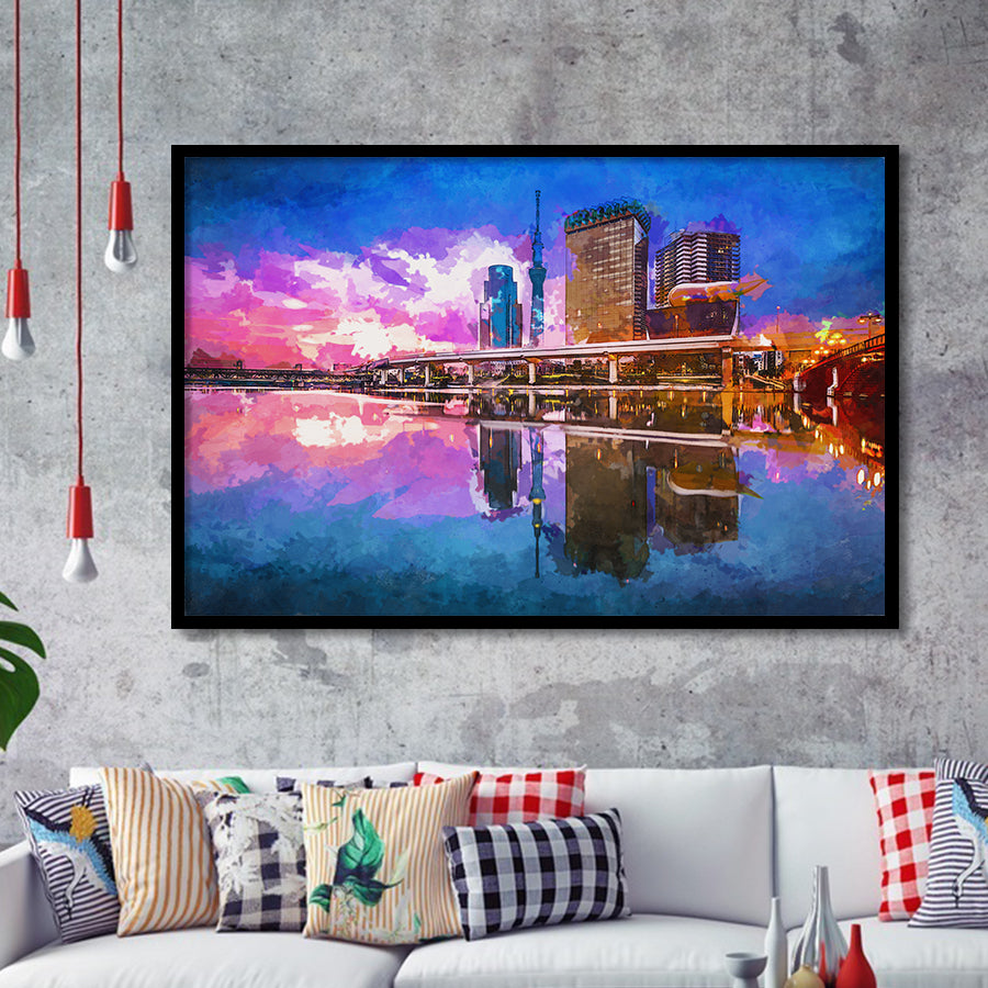 Tokyo Japan Skyline On Sumida River City Art Watercolor Framed Art Prints Wall Art Decor,Framed Picture