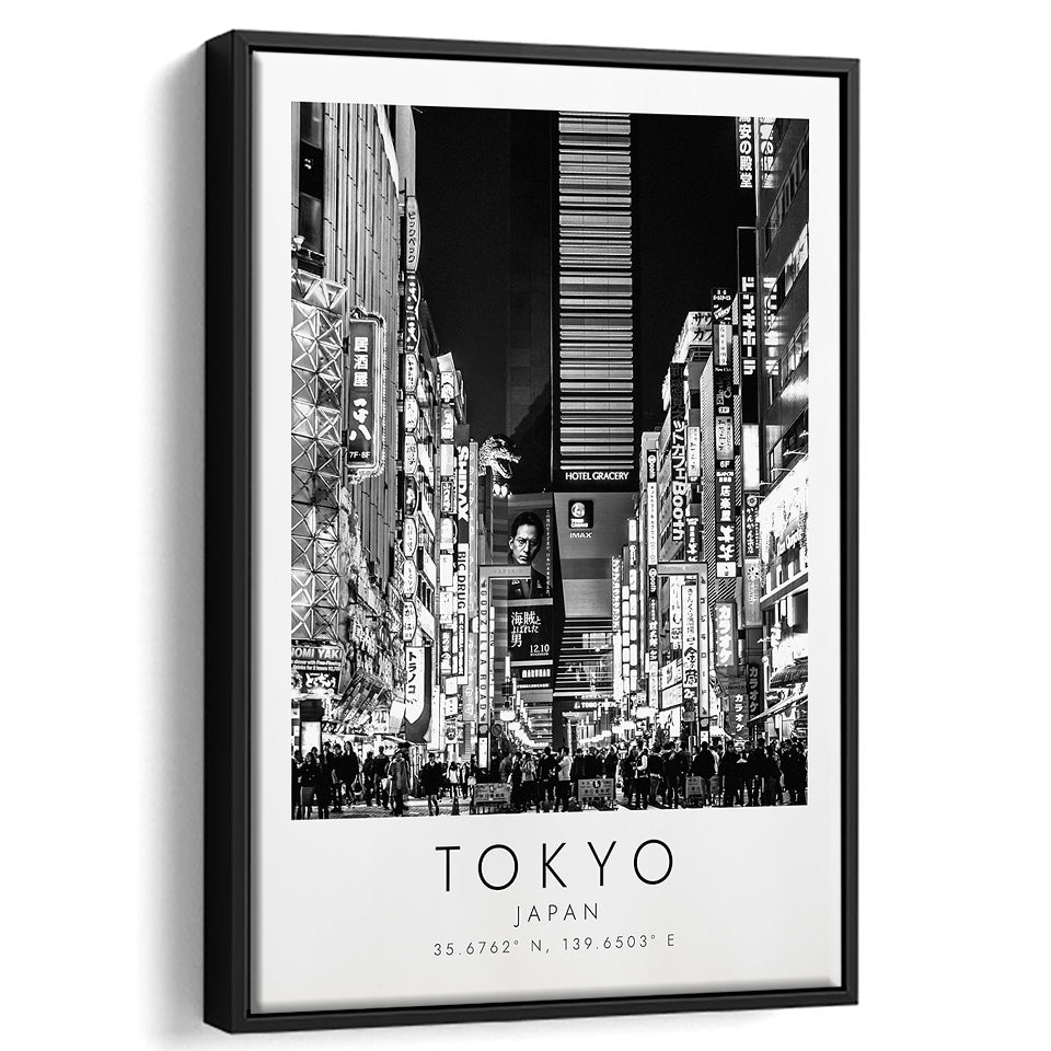 Tokyo, Japan Black And White Art Framed Canvas Prints Wall Art Home Decor, Floating Frame
