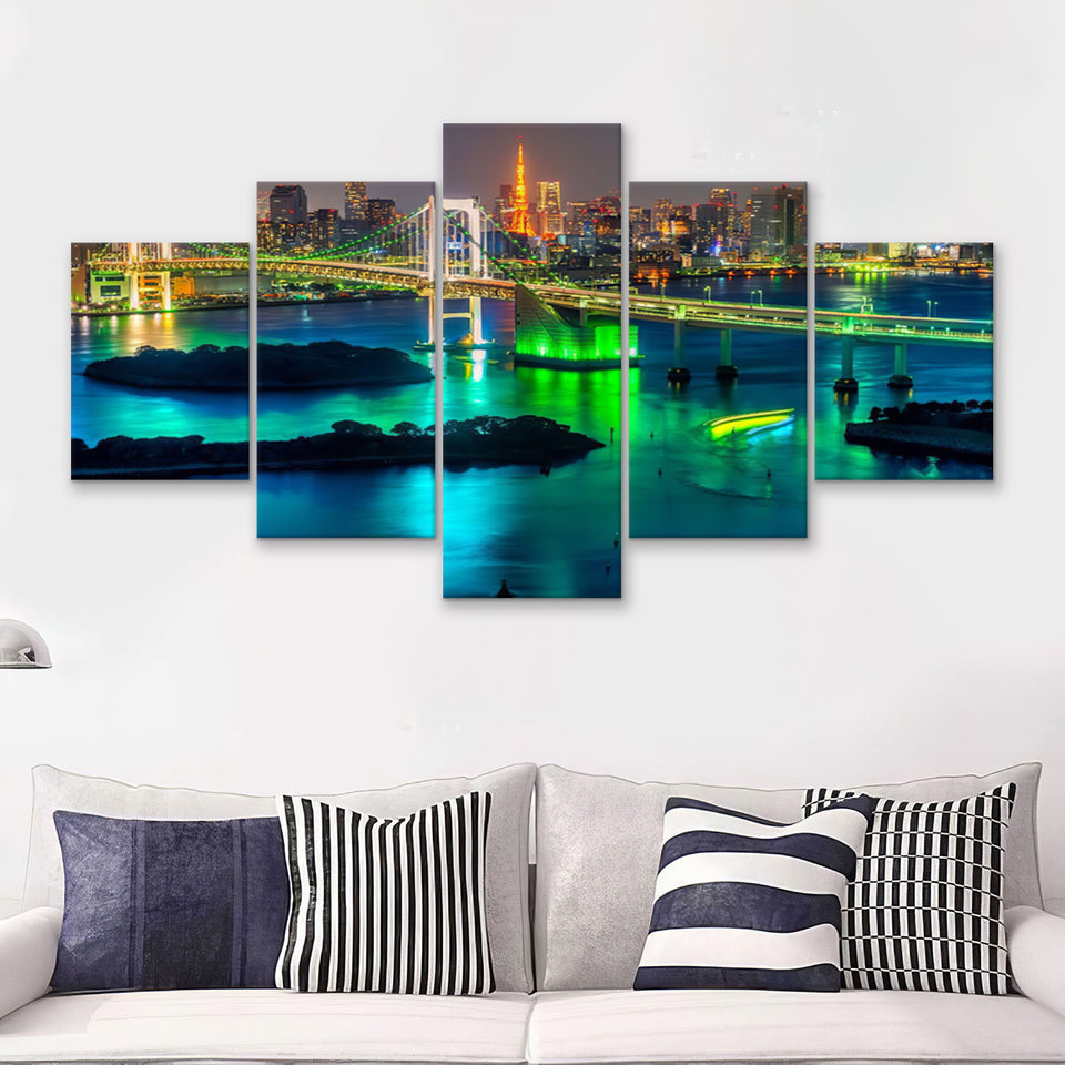 Tokyo skyline with Tokyo tower and Rainbow Bridge 5 Pieces Canvas Prints Wall Art - Painting Canvas, Multi Panels, Wall Decor