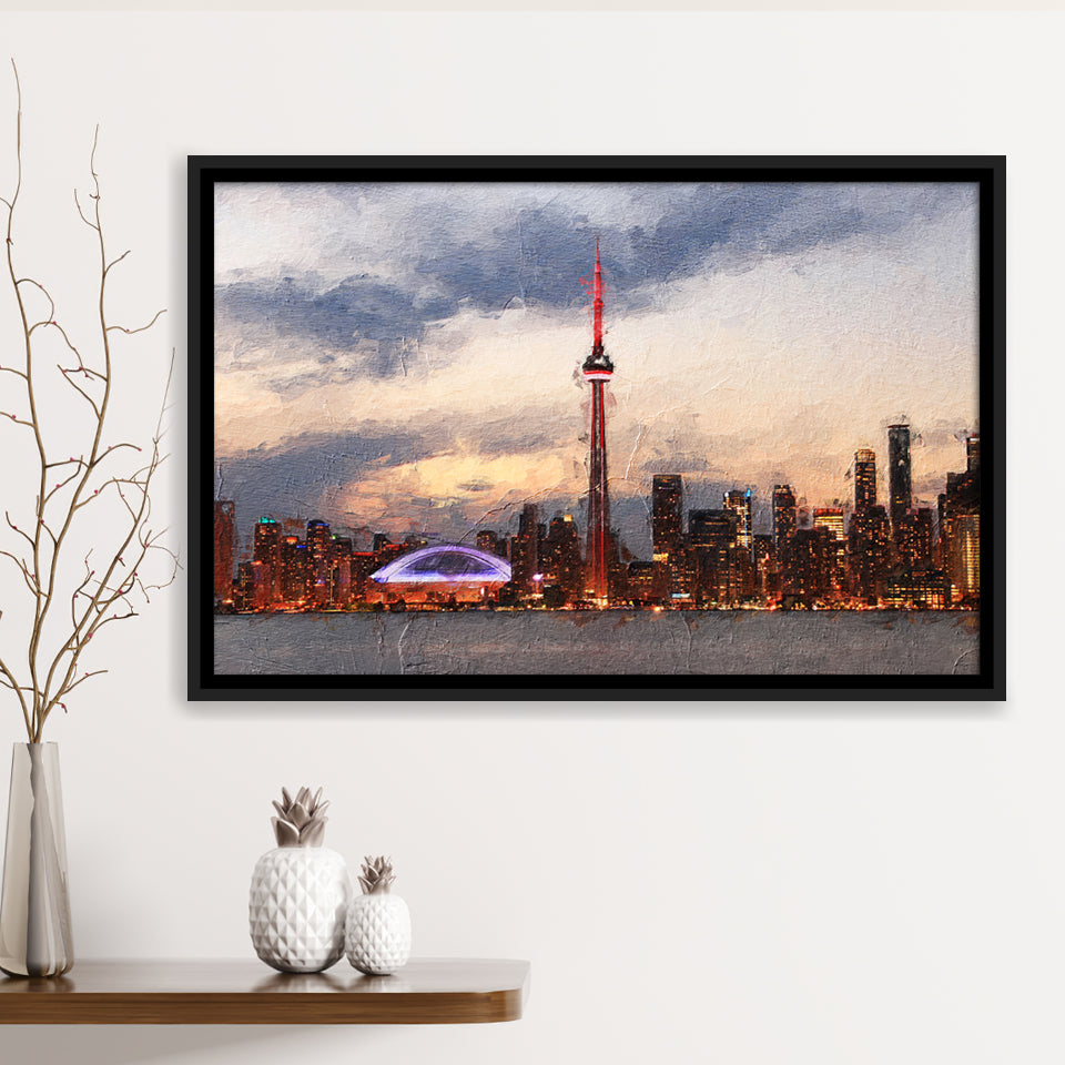 Toronto Stunning Skyline at Sunset High CN Tower Framed Canvas Prints Wall Art Decor - Paiting Canvas, Art Prints, Floating Frame