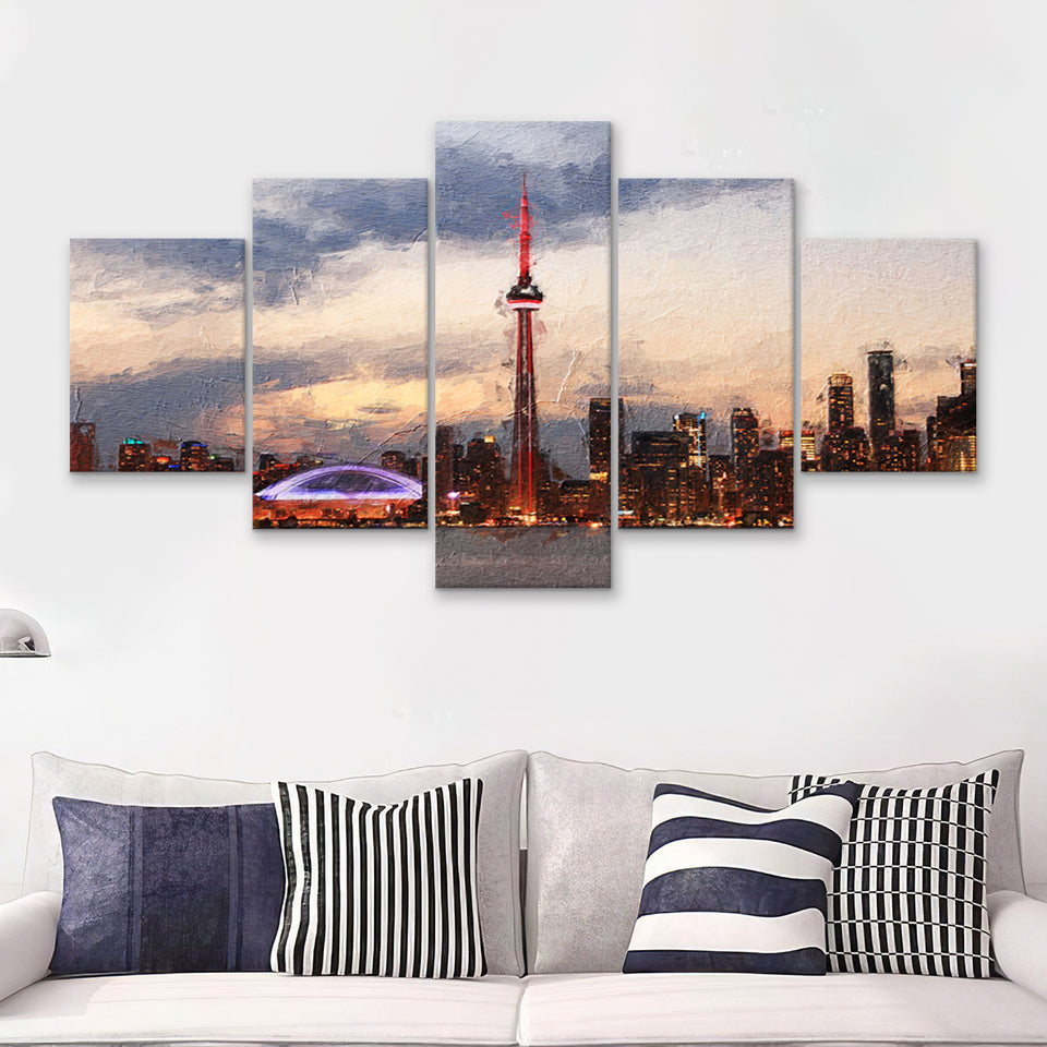 Toronto Stunning Skyline at Sunset High CN Tower 5 Piece Canvas Prints Wall Art Decor - Painting Canvas, Multi Panels