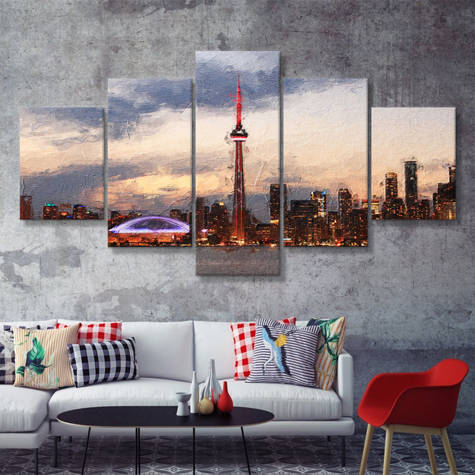 Toronto Stunning Skyline at Sunset High CN Tower 5 Piece Canvas Prints Wall Art Decor - Painting Canvas, Multi Panels