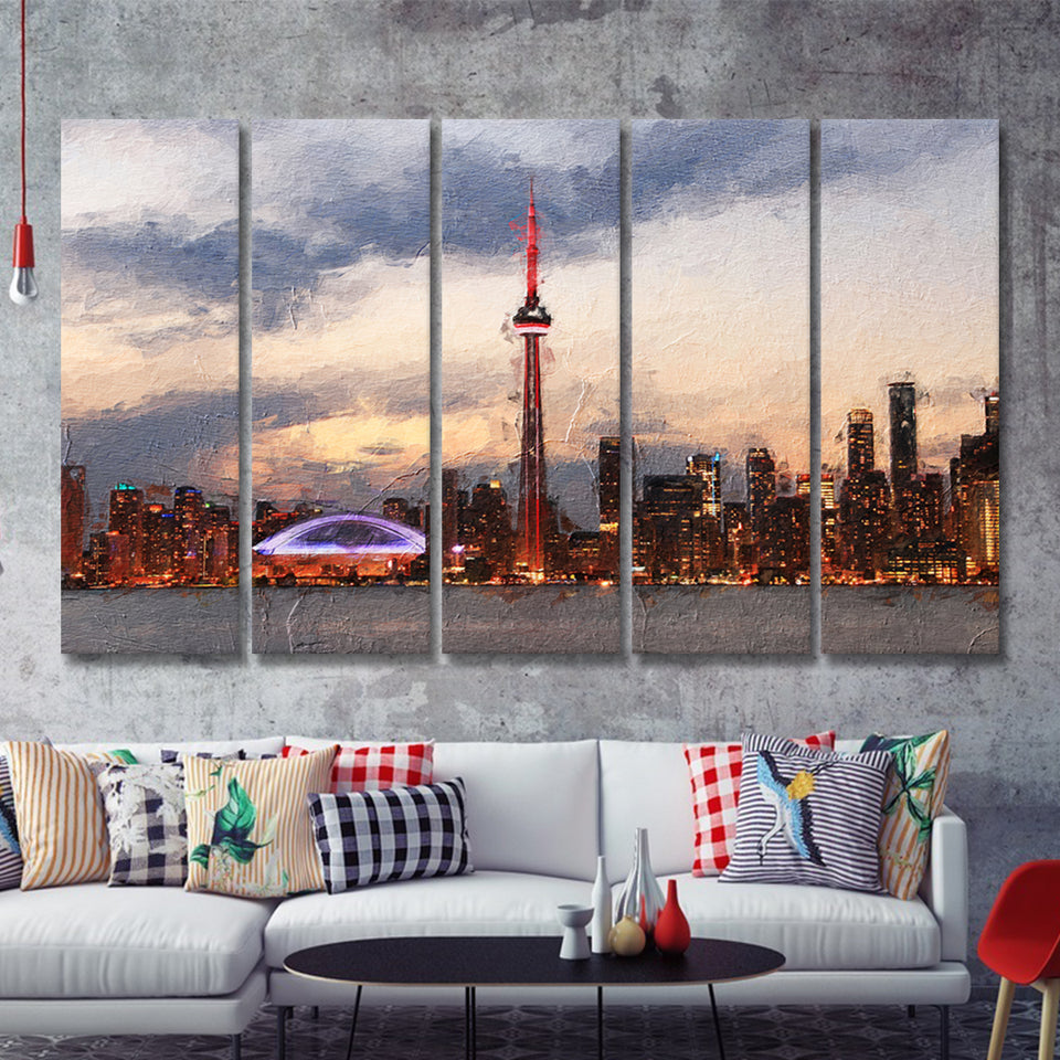 Toronto Stunning Skyline at Sunset High CN Tower 5 Piece B Canvas Prints Wall Art Decor - Painting Canvas, Multi Panels