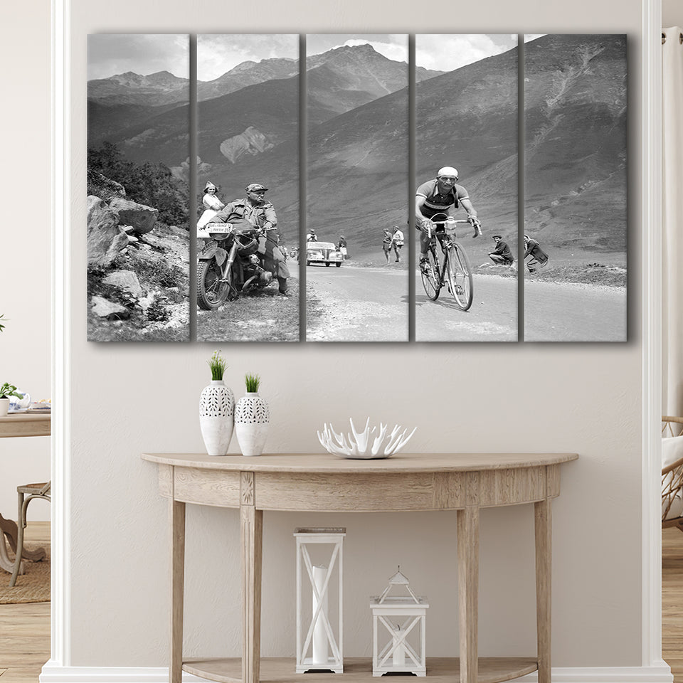 Tour De France 1950, Gino Bartali, Cycling Bike, 5 Panel B Canvas Prints Wall Art, Extra Large Canvas Decor