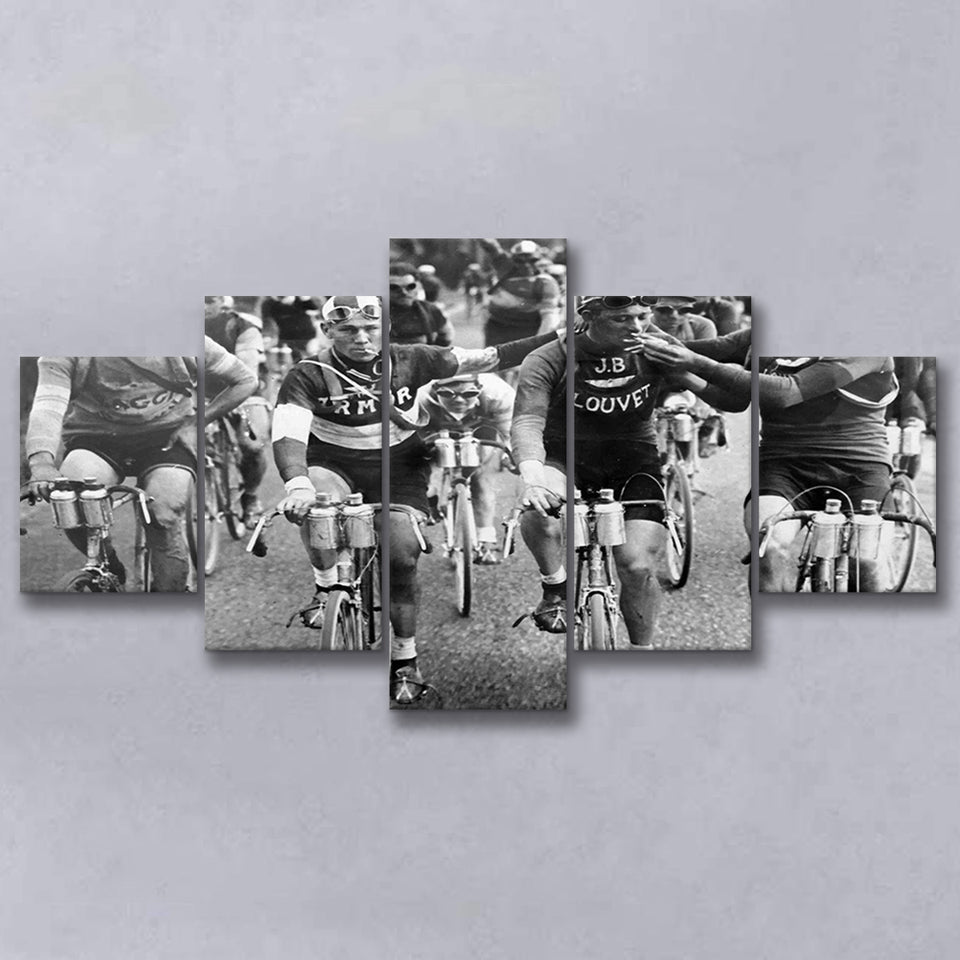 Tour De France Cyclists Smoking Black And White Print, Tour De France Bikers 5 Panels, Canvas Prints Wall Art Decor, Large Canvas Art
