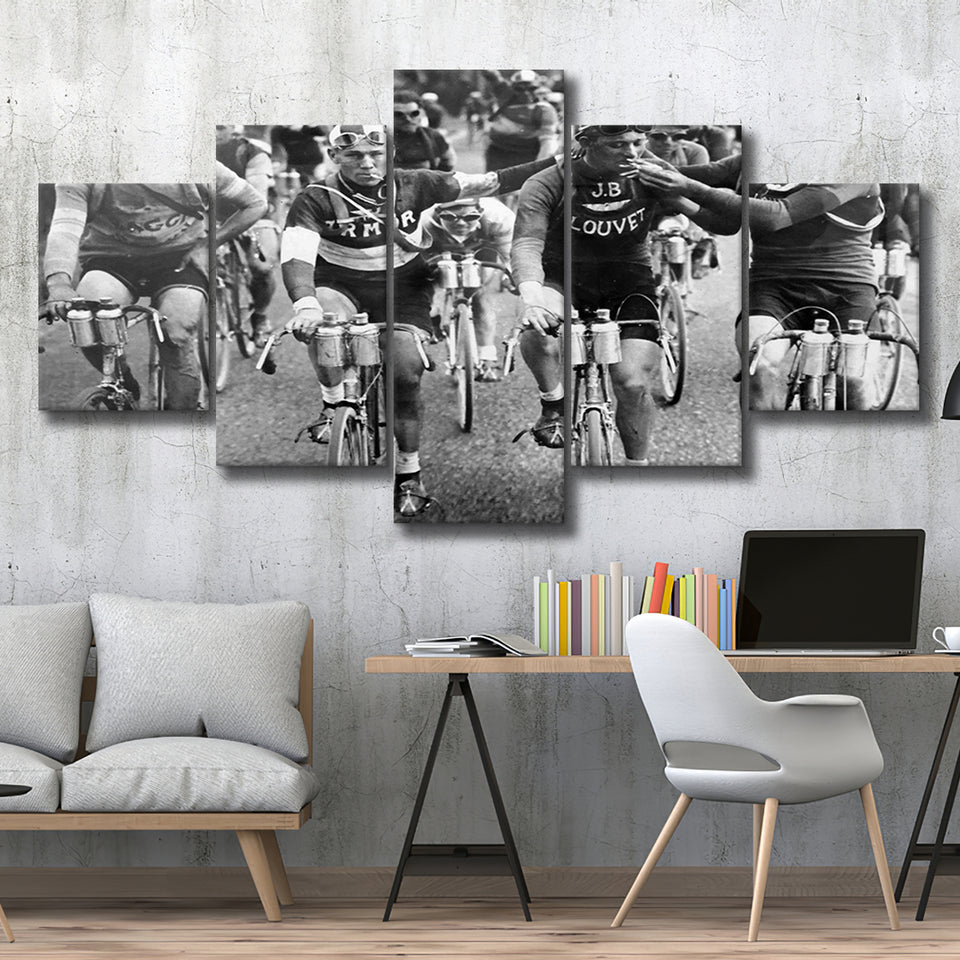 Tour De France Cyclists Smoking Black And White Print, Tour De France Bikers 5 Panels, Canvas Prints Wall Art Decor, Large Canvas Art
